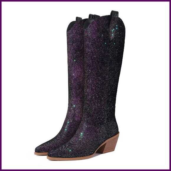 Sparkly Knee High Cowgirl Boots Chunky Heel Pointed Toe Side Zipper
